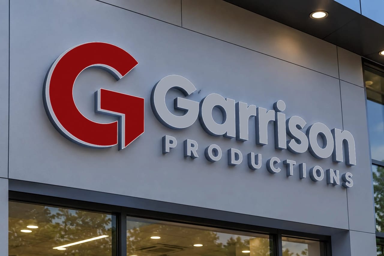 Garrison Productions raised letter signage on a building wall, shown with the lights off