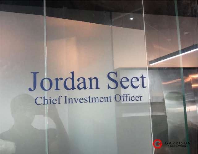 Jordan Seet name die-cut sticker on an office door — Die Cut Stickers by Garrison Productions, Singapore