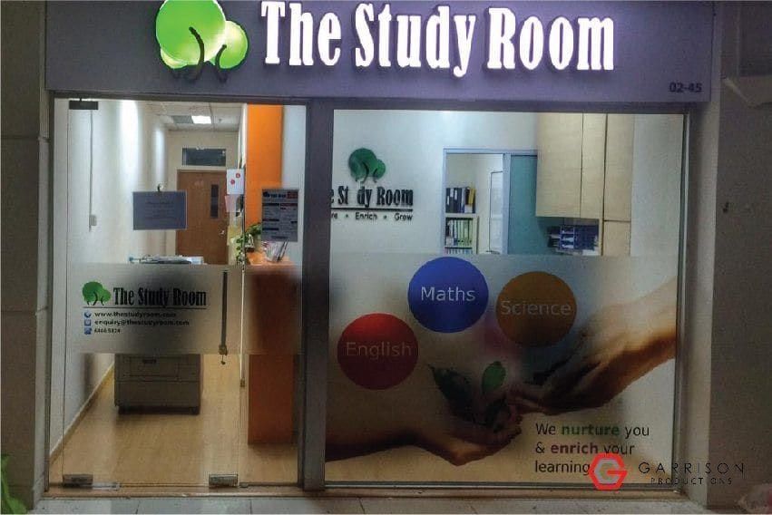 The Study Room frosted shopfront film — Frosted Film by Garrison Productions, Singapore