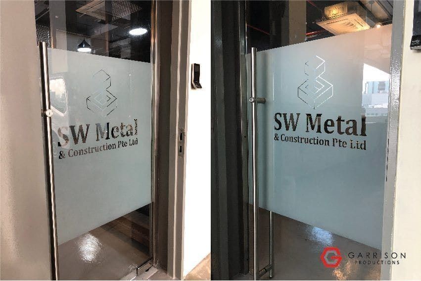 SW Metal logo frosted film on glass doors — Frosted Film by Garrison Productions, Singapore