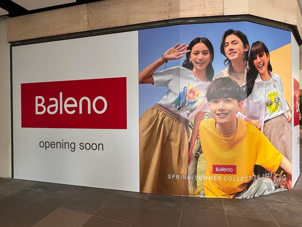 Baleno "Opening soon" fashion store hoarding — Hoarding Sticker Printing by Garrison Productions, Singapore