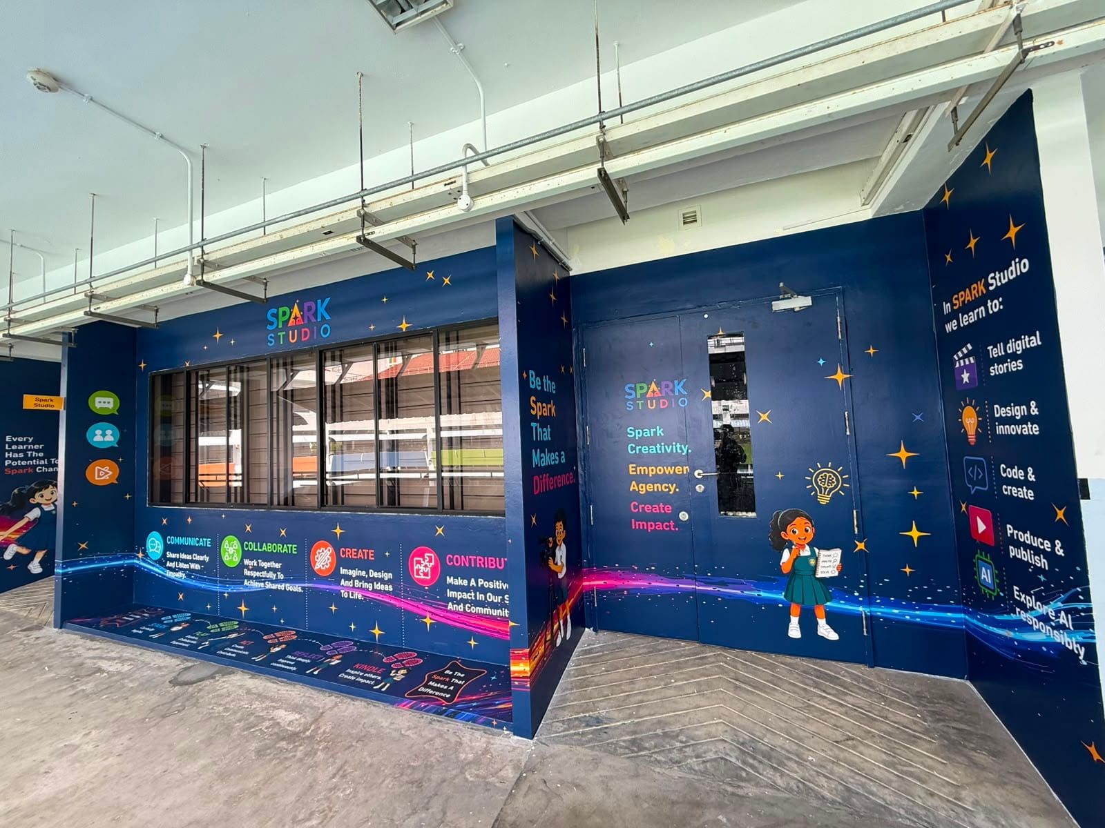 Blue Spark Studio school wall mural with windows — Wall Mural by Garrison Productions, Singapore