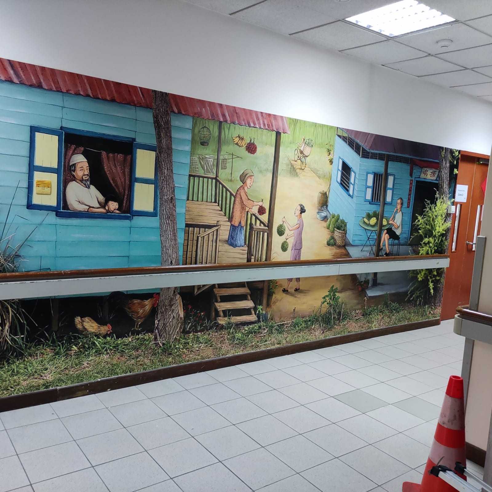 Kampong house scene wall mural along a corridor — Wall Mural by Garrison Productions, Singapore